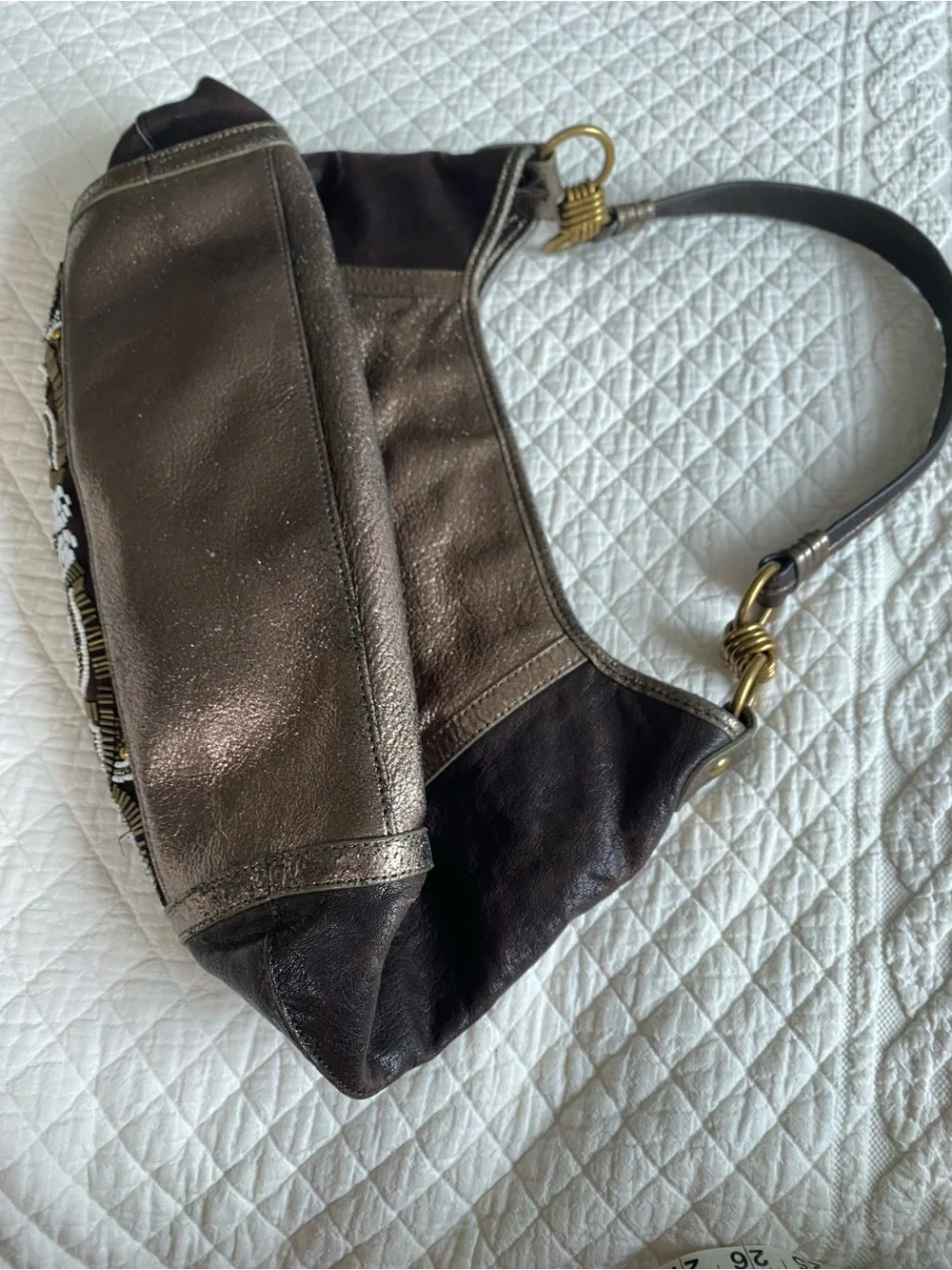 Isabella Fiore VTG Beaded Leather Hobo Shoulder Bag Brown Boho Metallic Art Deco
